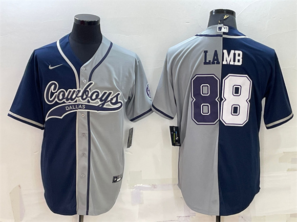 Men's Dallas Cowboys #88 CeeDee Lamb Navy/Gray Split With Patch Cool Base Stitched Baseball Jersey